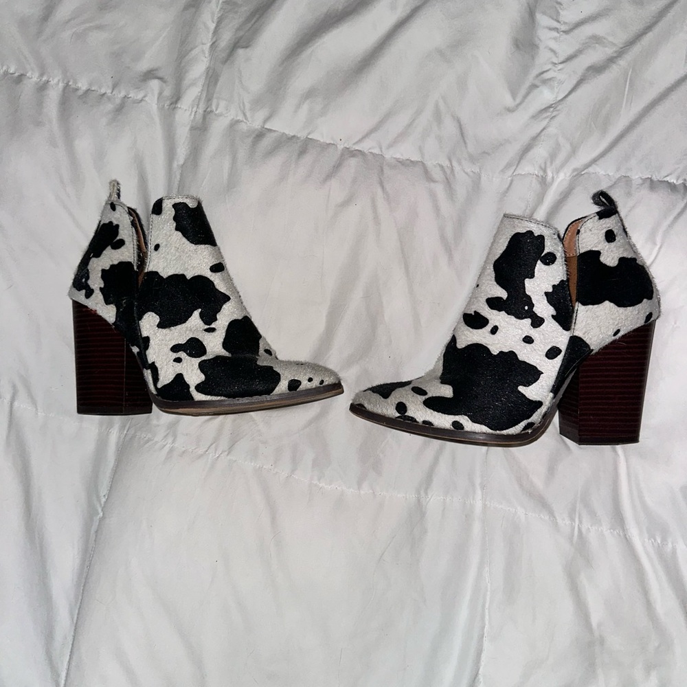 Mata Black and White Cow Print Heeled Ankle Boots